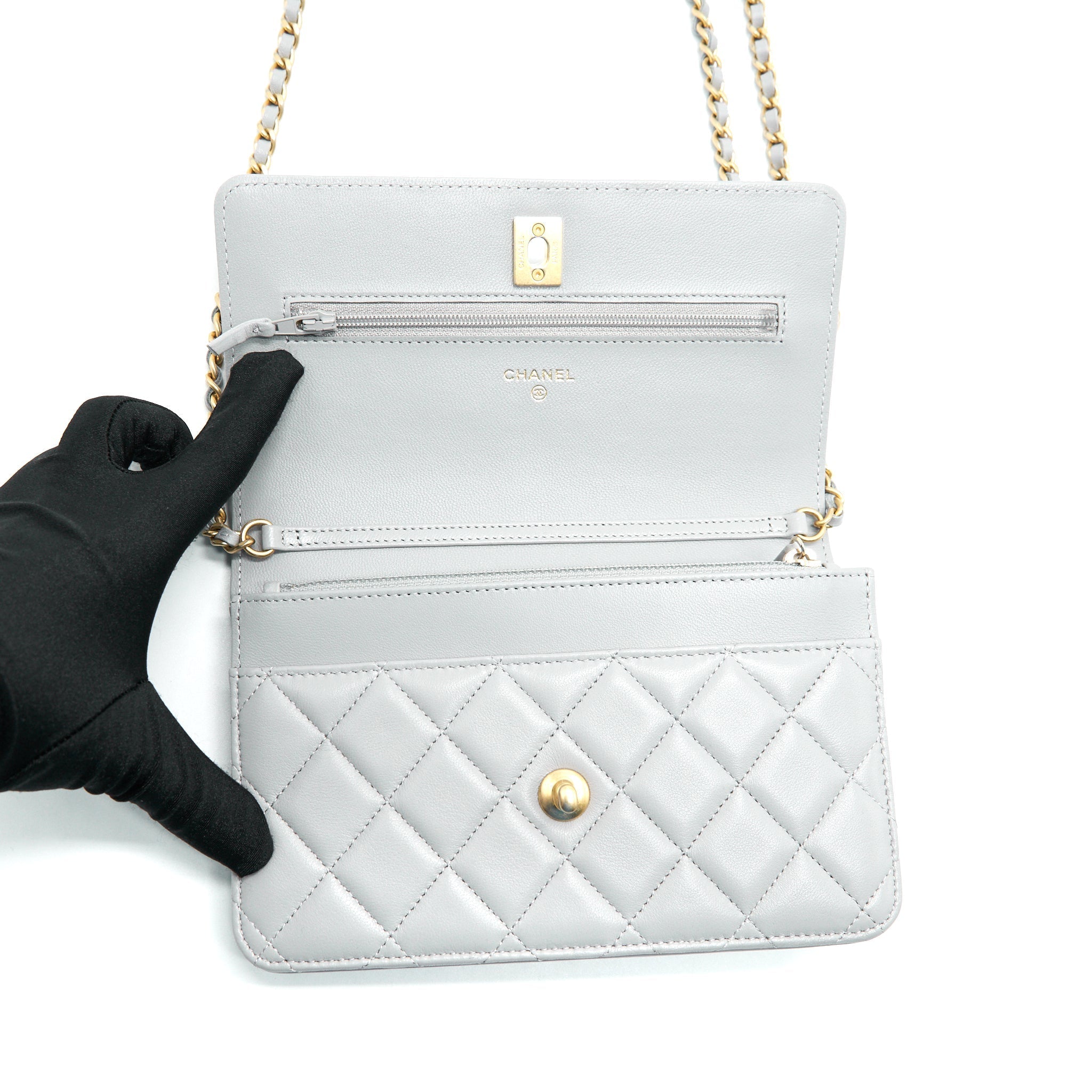 Chanel Pearl Crush Wallet On Chain Lambskin Grey