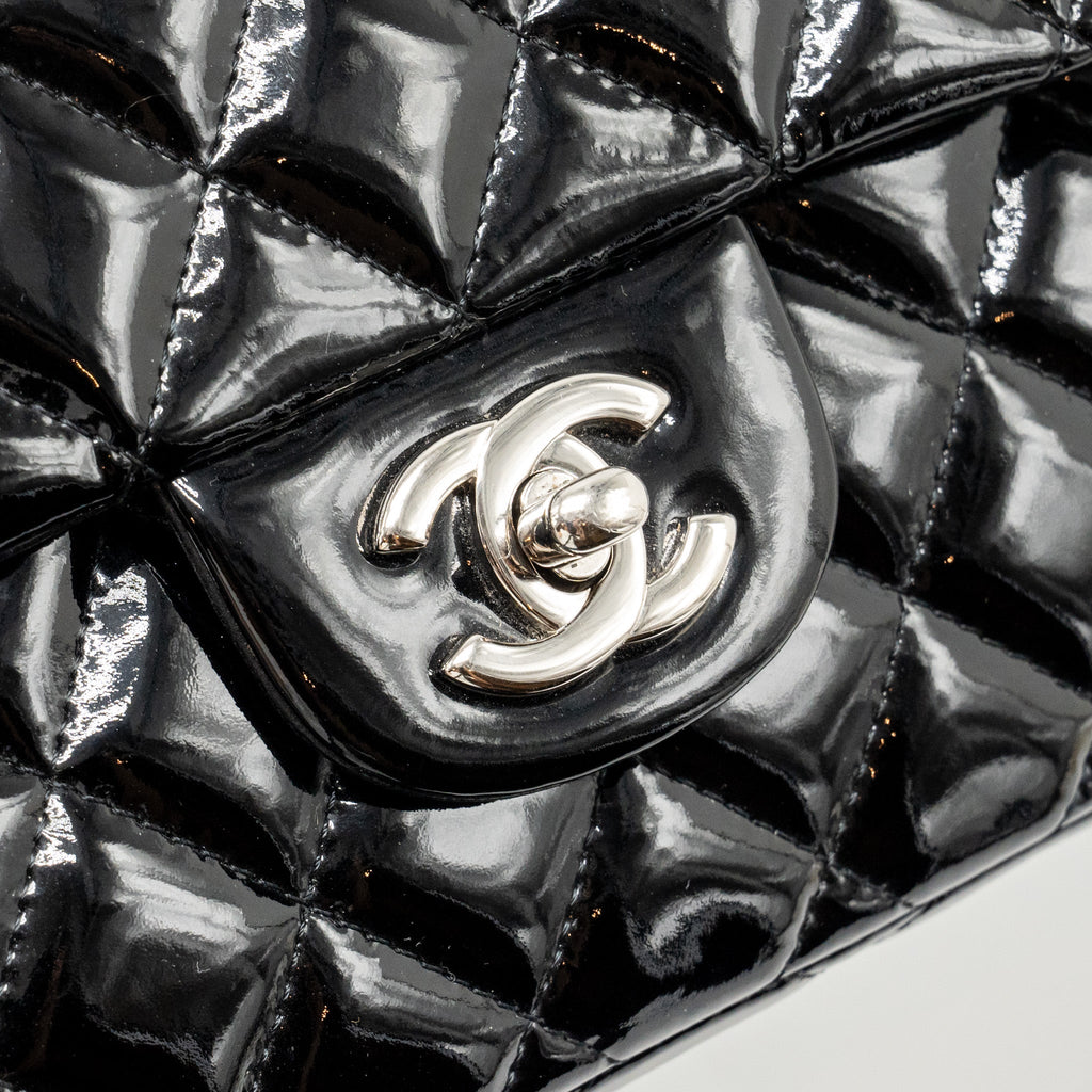 Chanel East West Flap Shoulder Bag Patent Leather Black