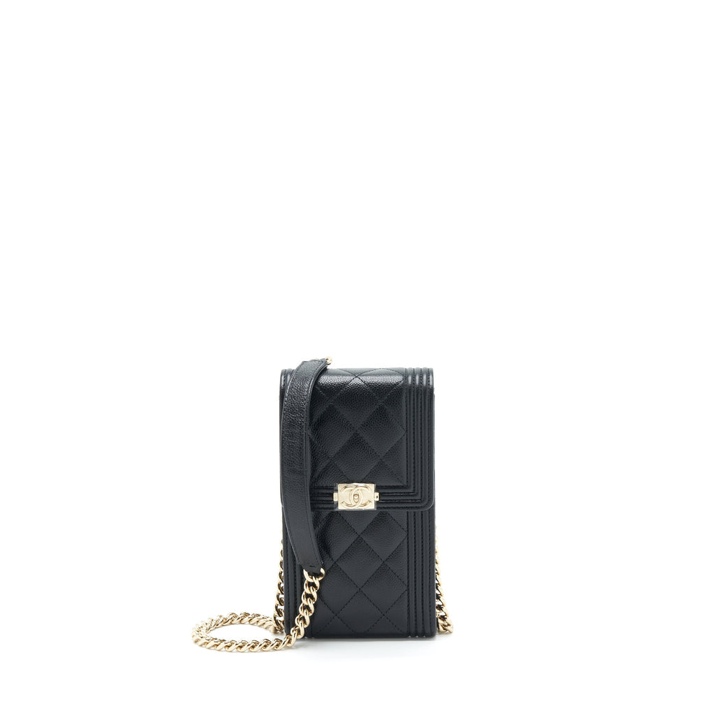Chanel vertical boy flap phone case with chain caviar black with L
