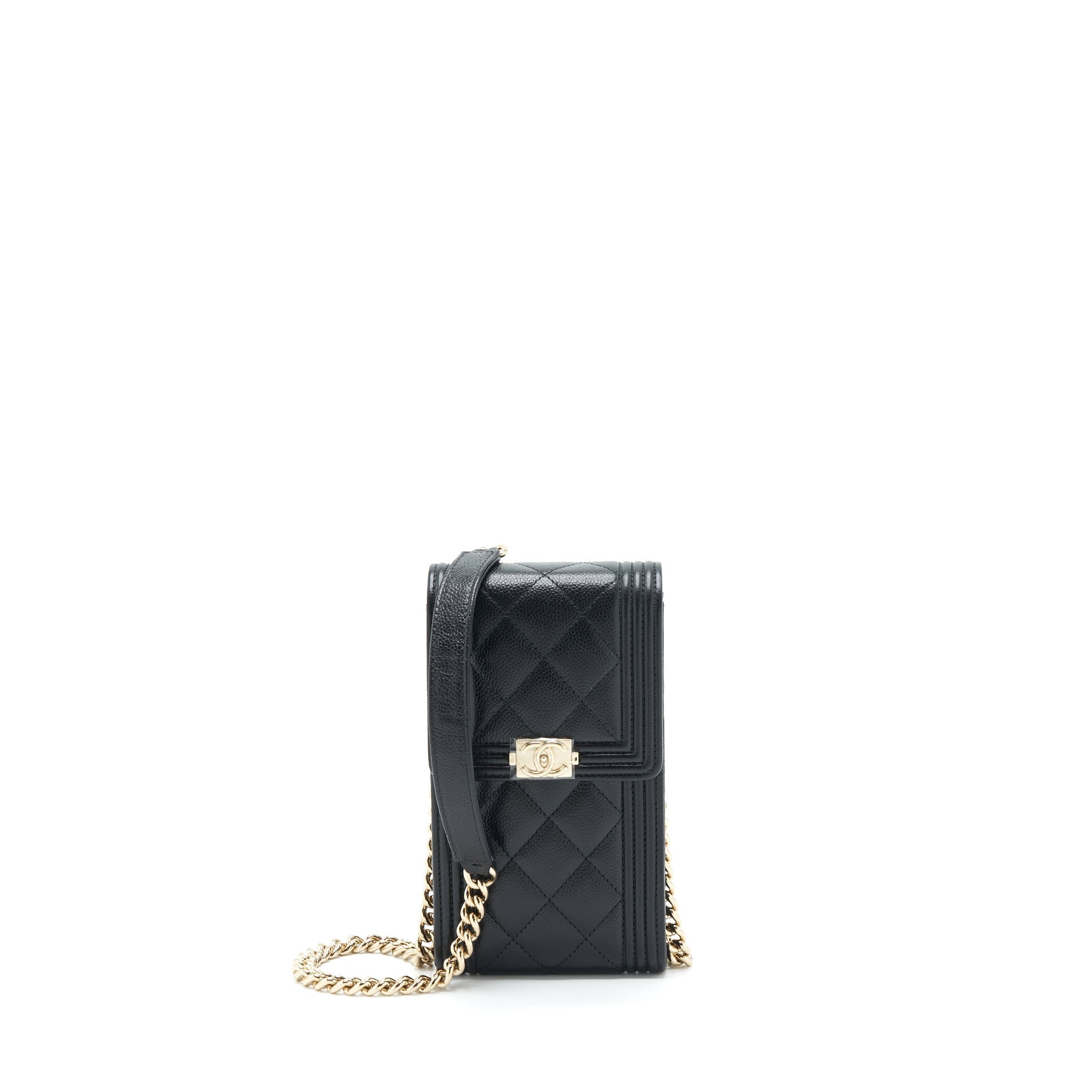 Chanel vertical boy flap phone case with chain caviar black with L