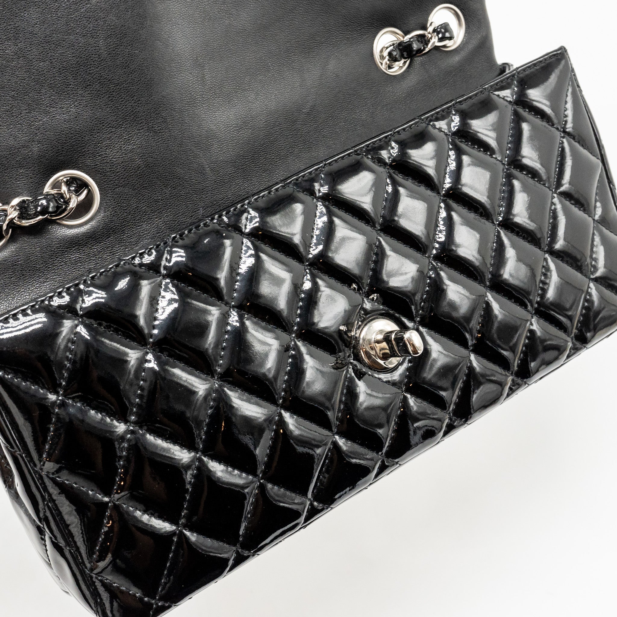 Chanel East West Flap Shoulder Bag Patent Leather Black