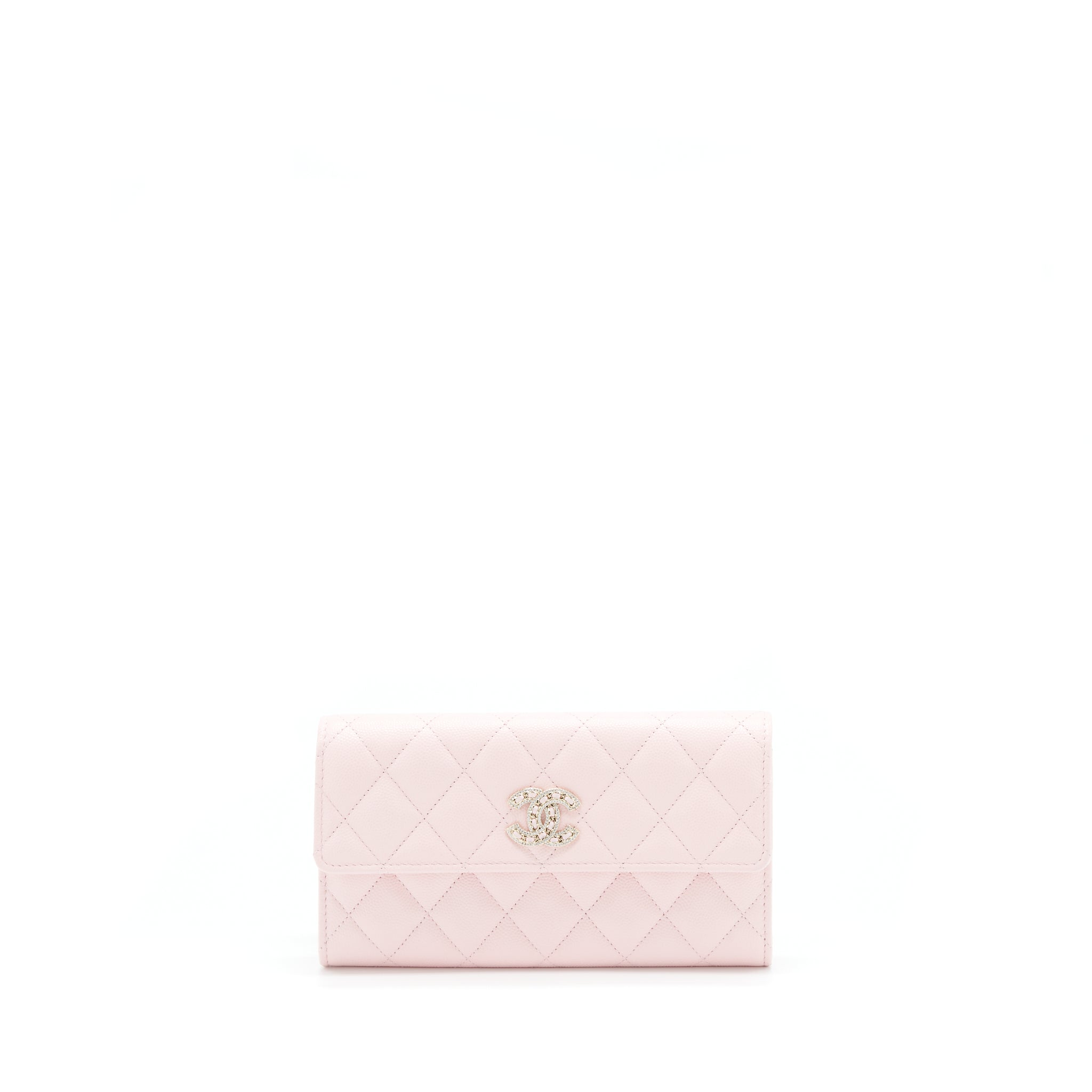 Chanel 22S detailed logo flap long wallet caviar light pink with L