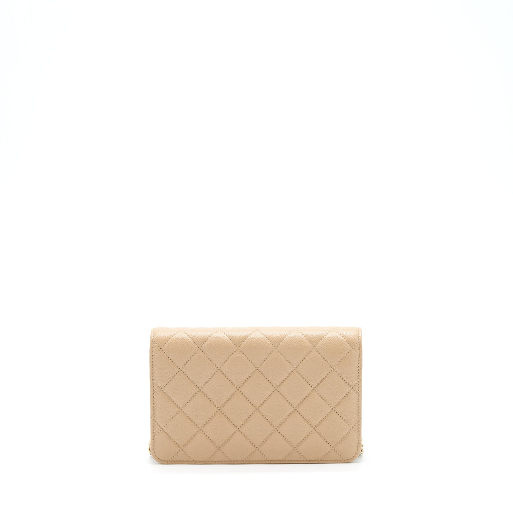 Chanel 22S detailed Logo Wallet on chain Caviar Dark beige with L