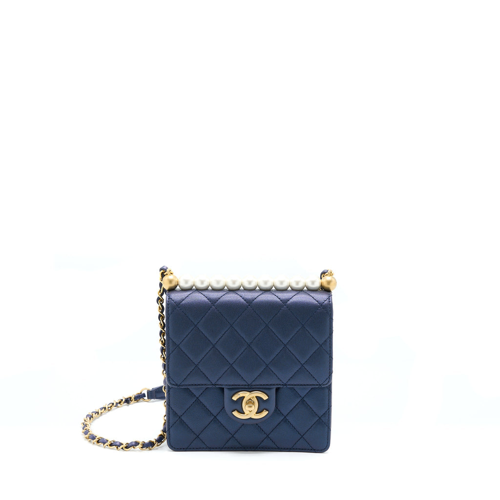 Chanel Vertical Pearl Flap Bag Lambskin Dark Blue