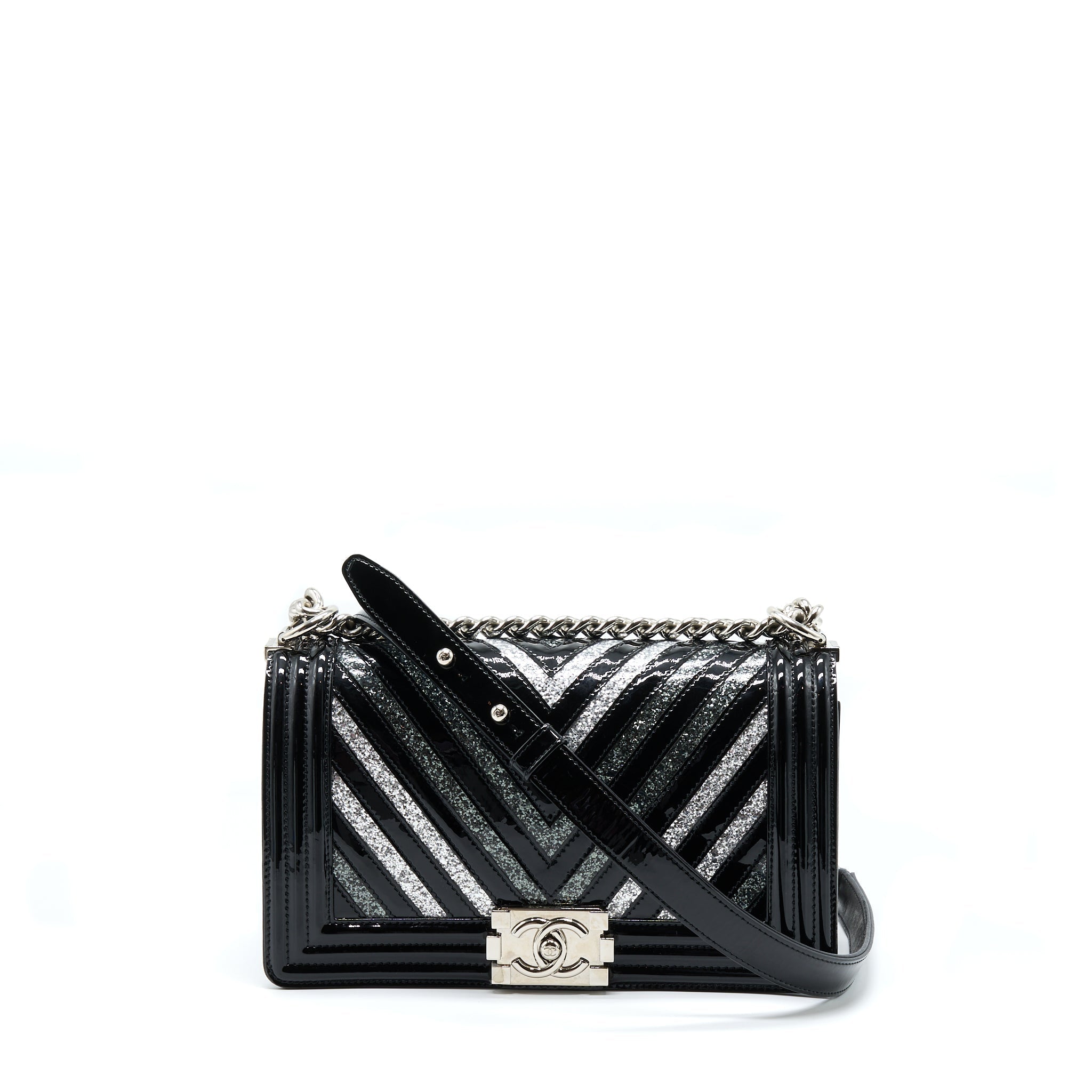 Chanel Medium Boy Bag Chevron Limited Patent Black