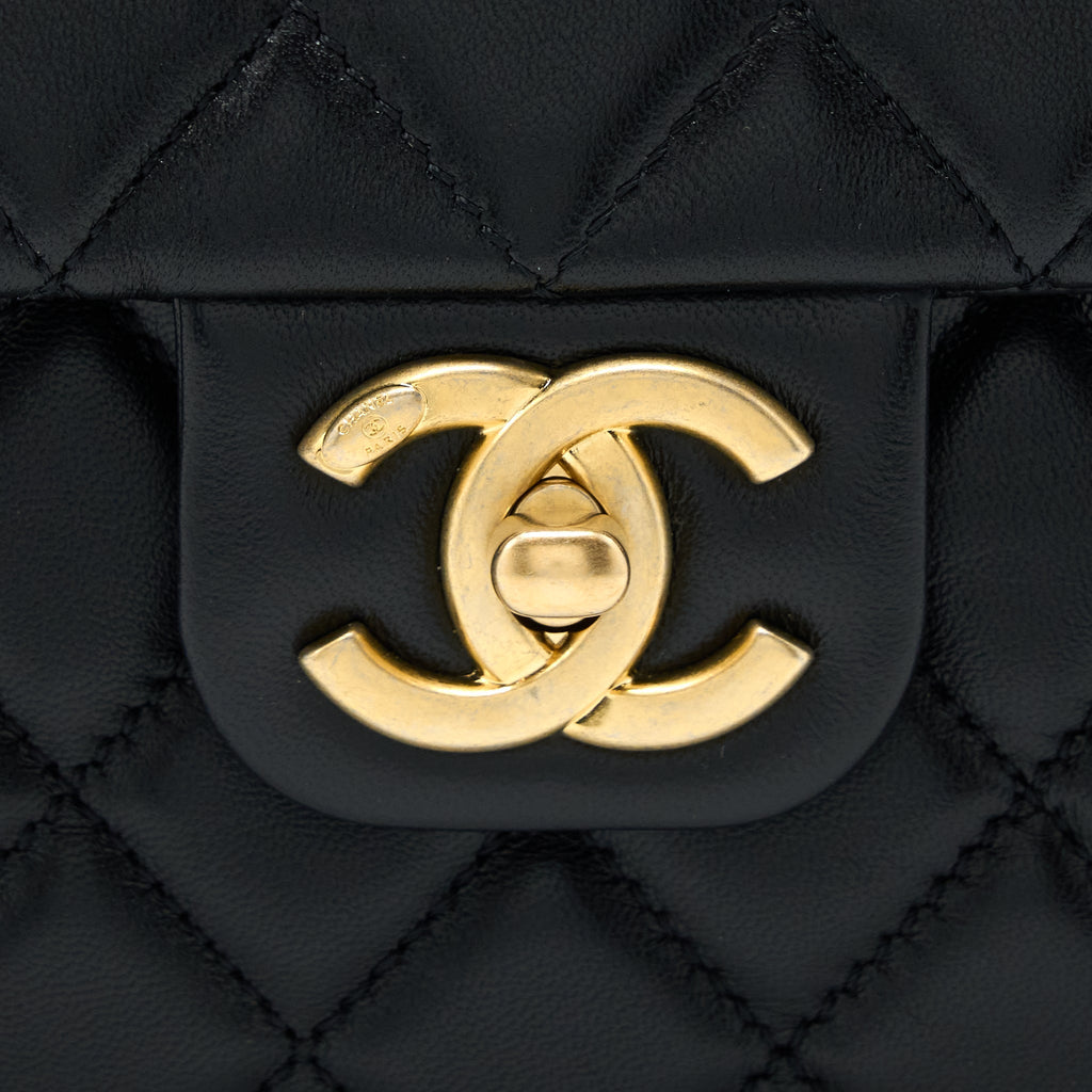 Chanel 22K Coco Chain Quilted Flap Bag Lambskin Black Brushed  (Microchip)
