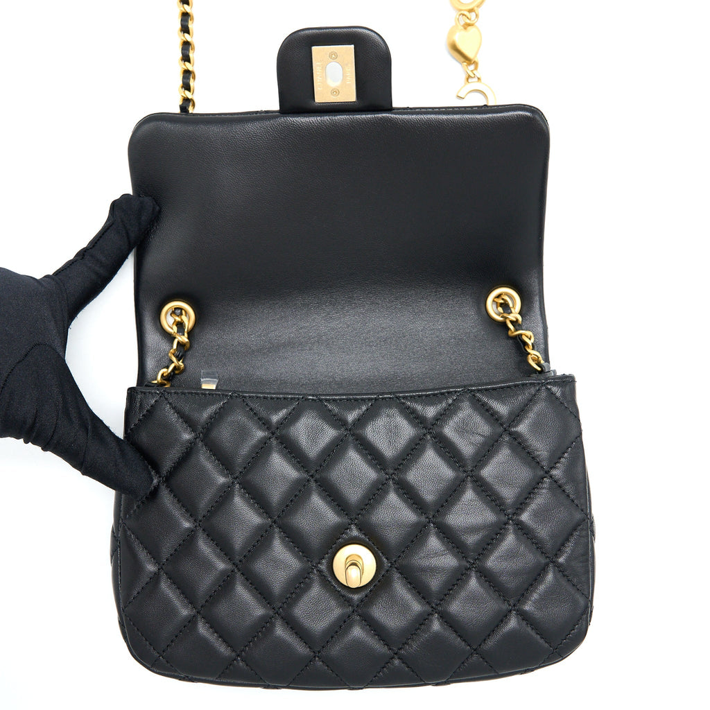 Chanel 22K Coco Chain Quilted Flap Bag Lambskin Black Brushed  (Microchip)