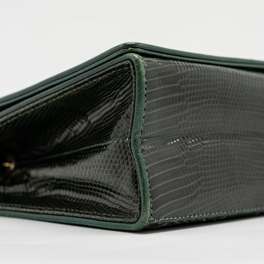 Chanel Vintage Envelop Flap Bag With Chain Lizard Dark Green