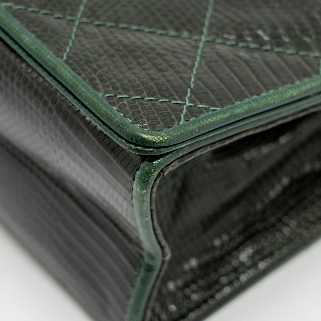 Chanel Vintage Envelop Flap Bag With Chain Lizard Dark Green