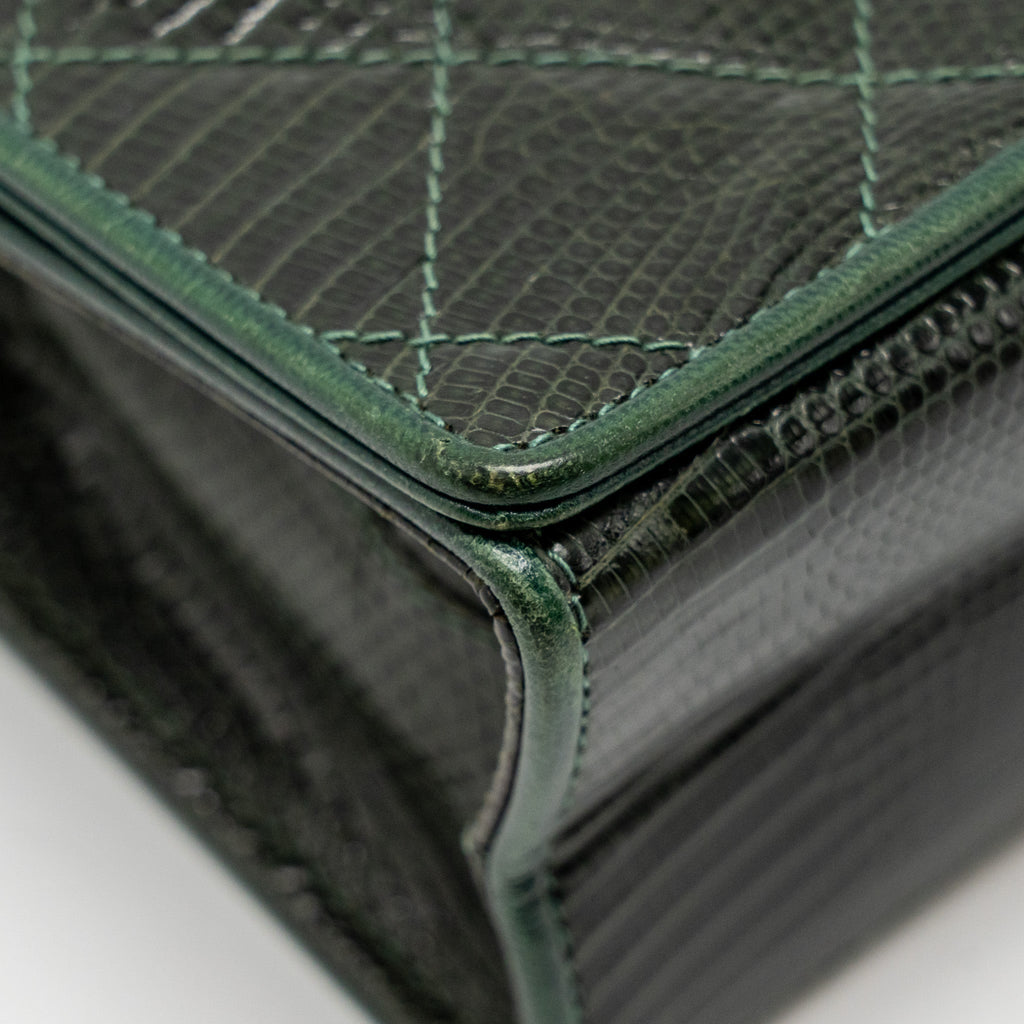 Chanel Vintage Envelop Flap Bag With Chain Lizard Dark Green