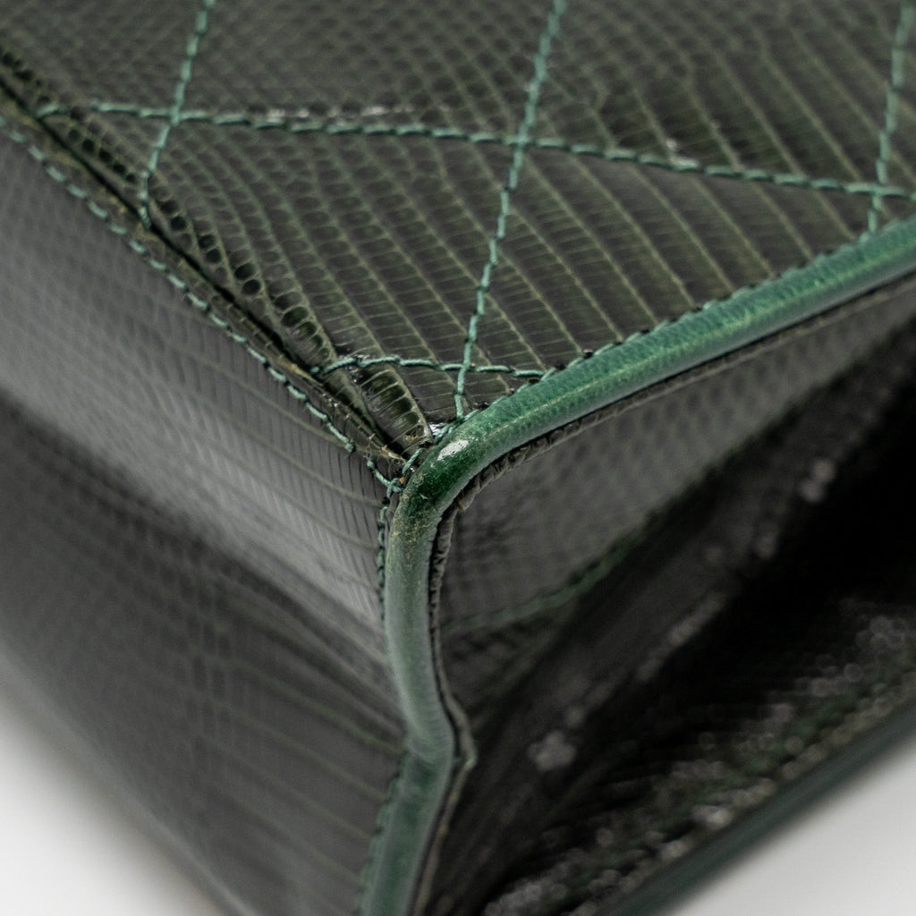 Chanel Vintage Envelop Flap Bag With Chain Lizard Dark Green