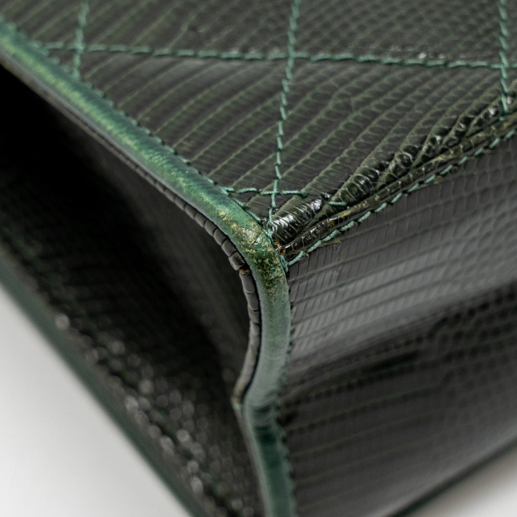 Chanel Vintage Envelop Flap Bag With Chain Lizard Dark Green