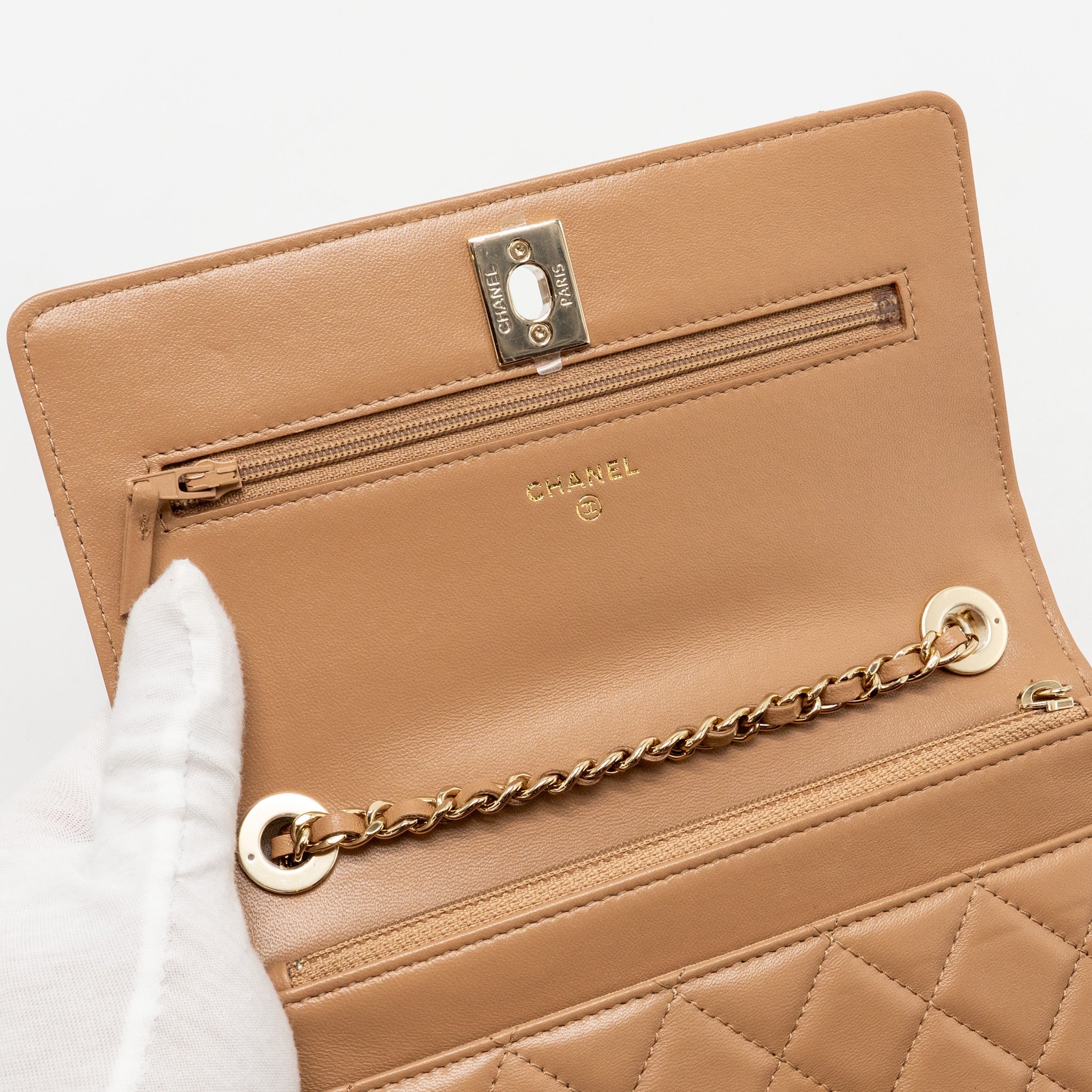 Chanel Trendy CC Wallet On Chain Lambskin Dark Beige