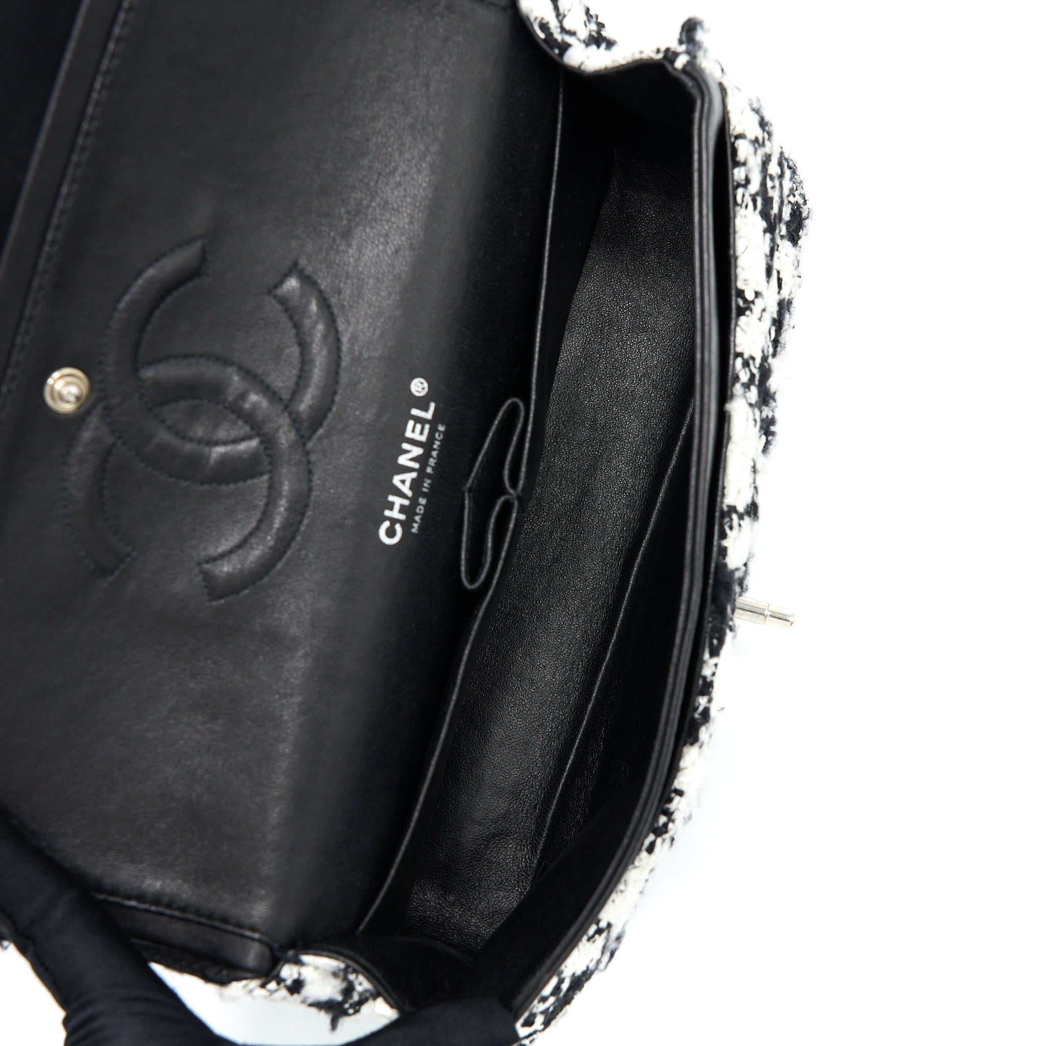 Chanel Vintage Medium Classic Flap Bag Tweed Black And White
