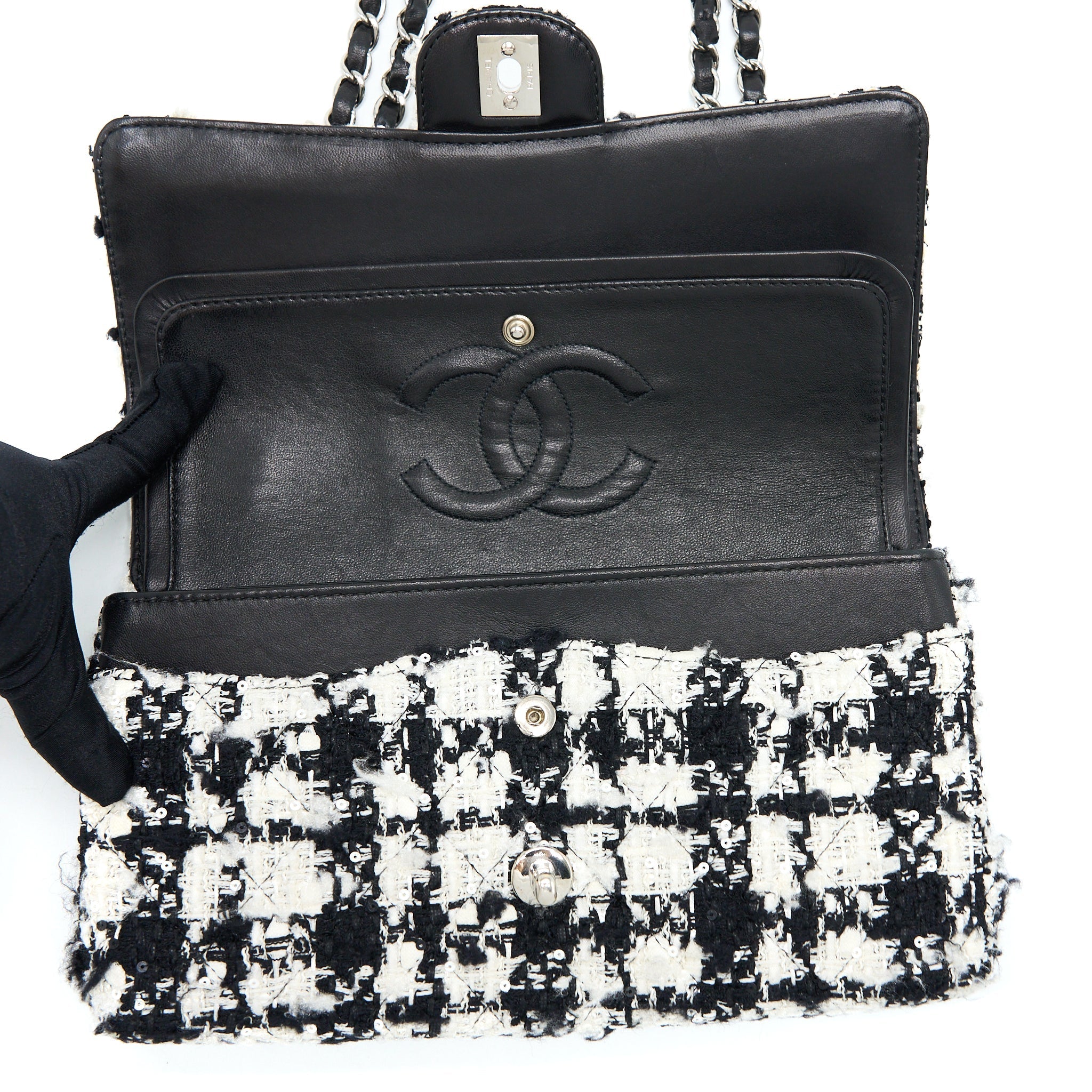 Chanel Vintage Medium Classic Flap Bag Tweed Black And White