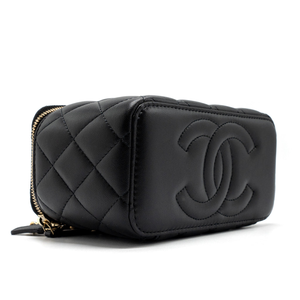Chanel top handle long vanity with chain lambskin black  (microchip)