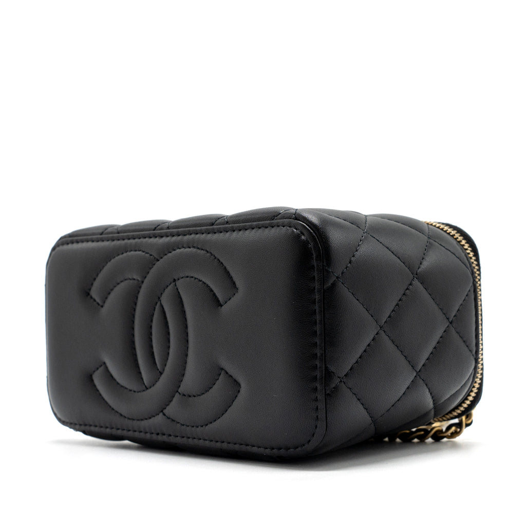 Chanel top handle long vanity with chain lambskin black  (microchip)