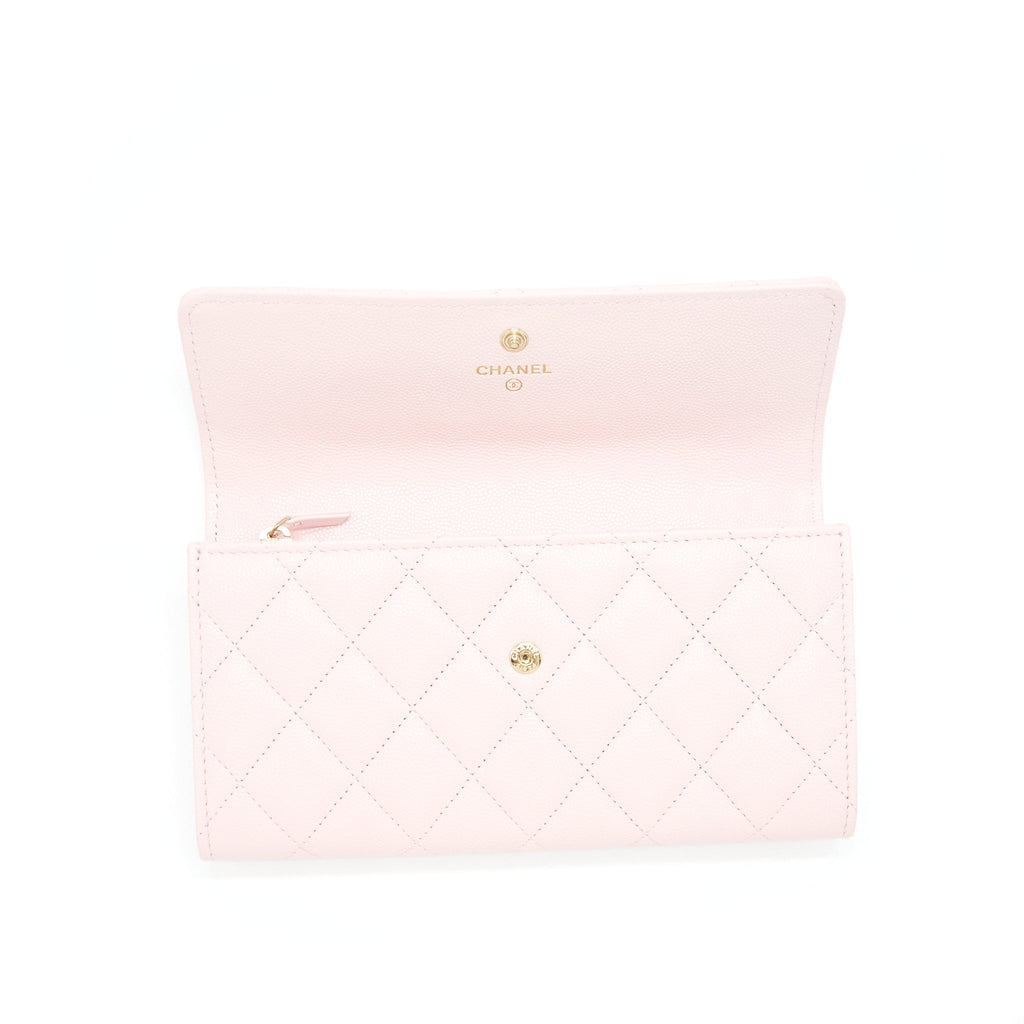 Chanel 22S detailed logo flap long wallet caviar light pink with L