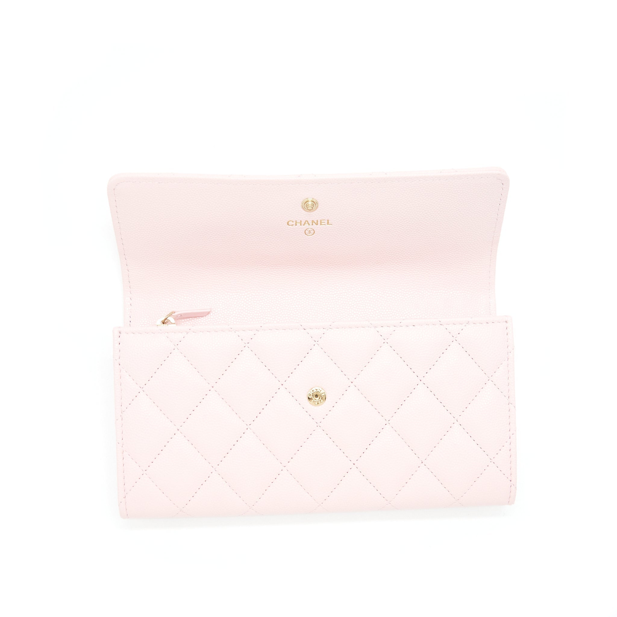 Chanel 22S detailed logo flap long wallet caviar light pink with L