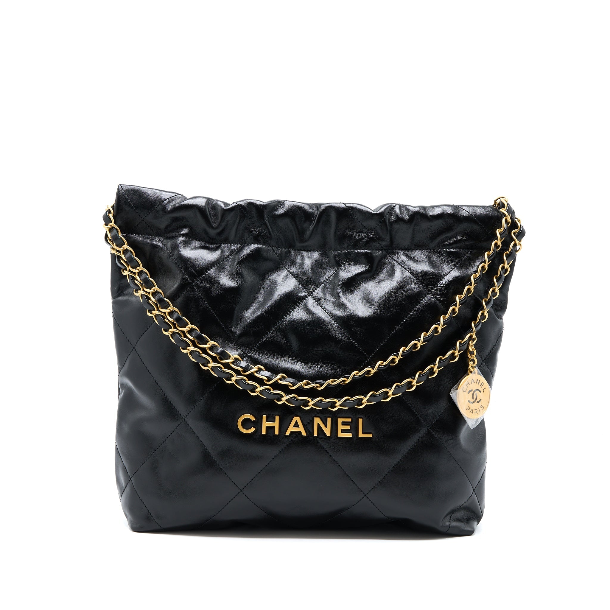 Chanel Small 22 Bag Gold Letter Shiny Calfskin Black  (Microchip)