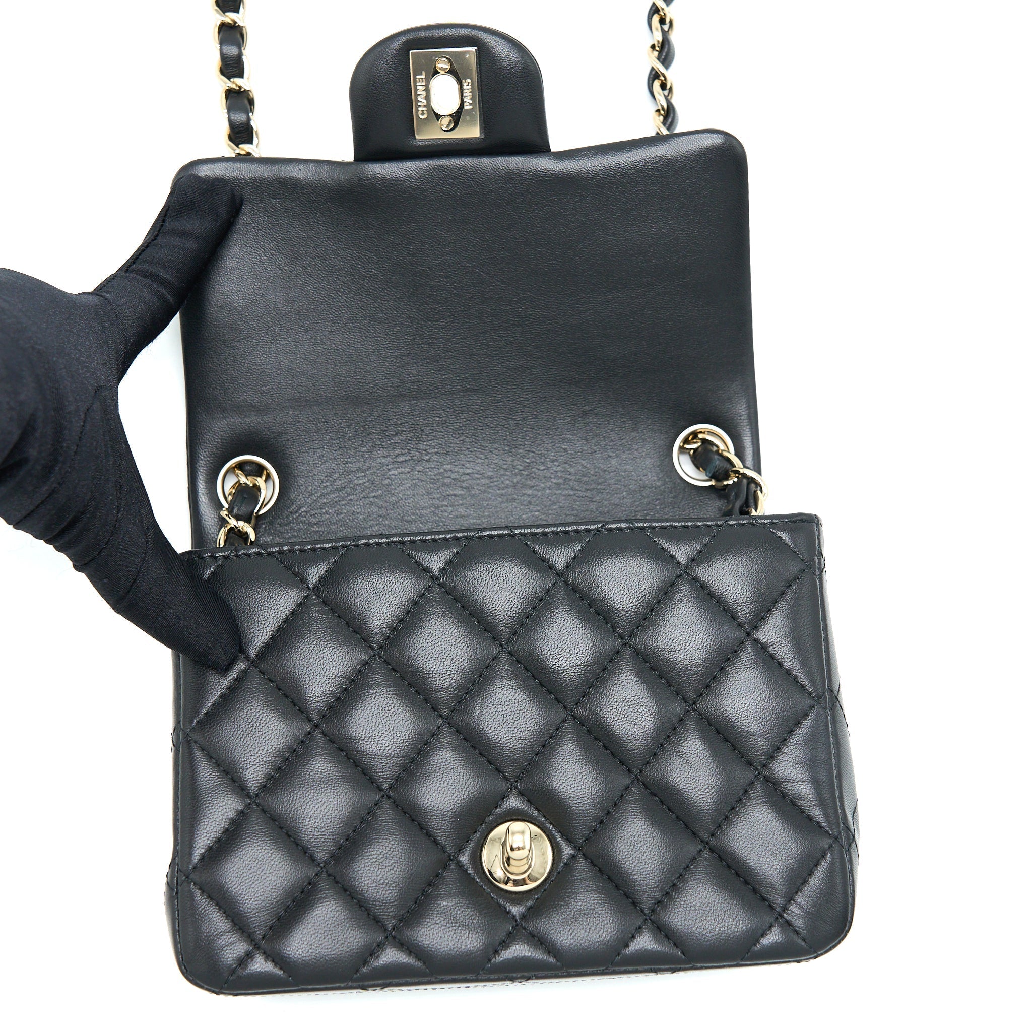 Chanel Classic Mini Square Flap Bag Lambskin Black L (Microchip)