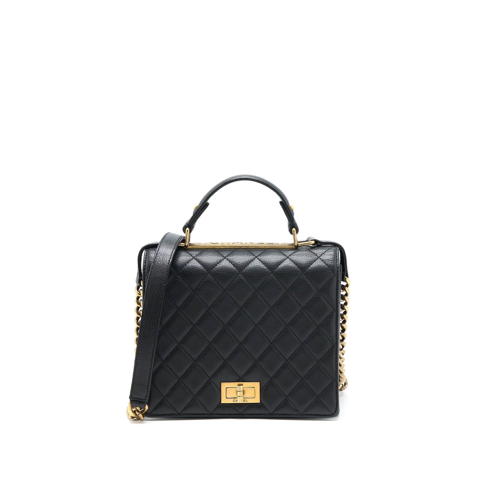 Chanel Rita Top Handle Flap Bag Grained Goatskin Black Brushed