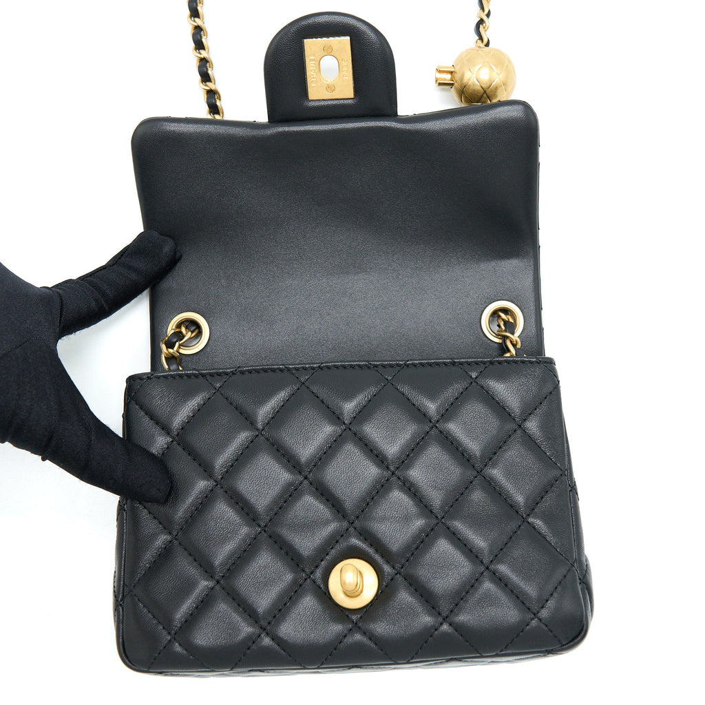 Chanel Pearl Crush Mini Square Flap Bag Lambskin Black  (Microchip)