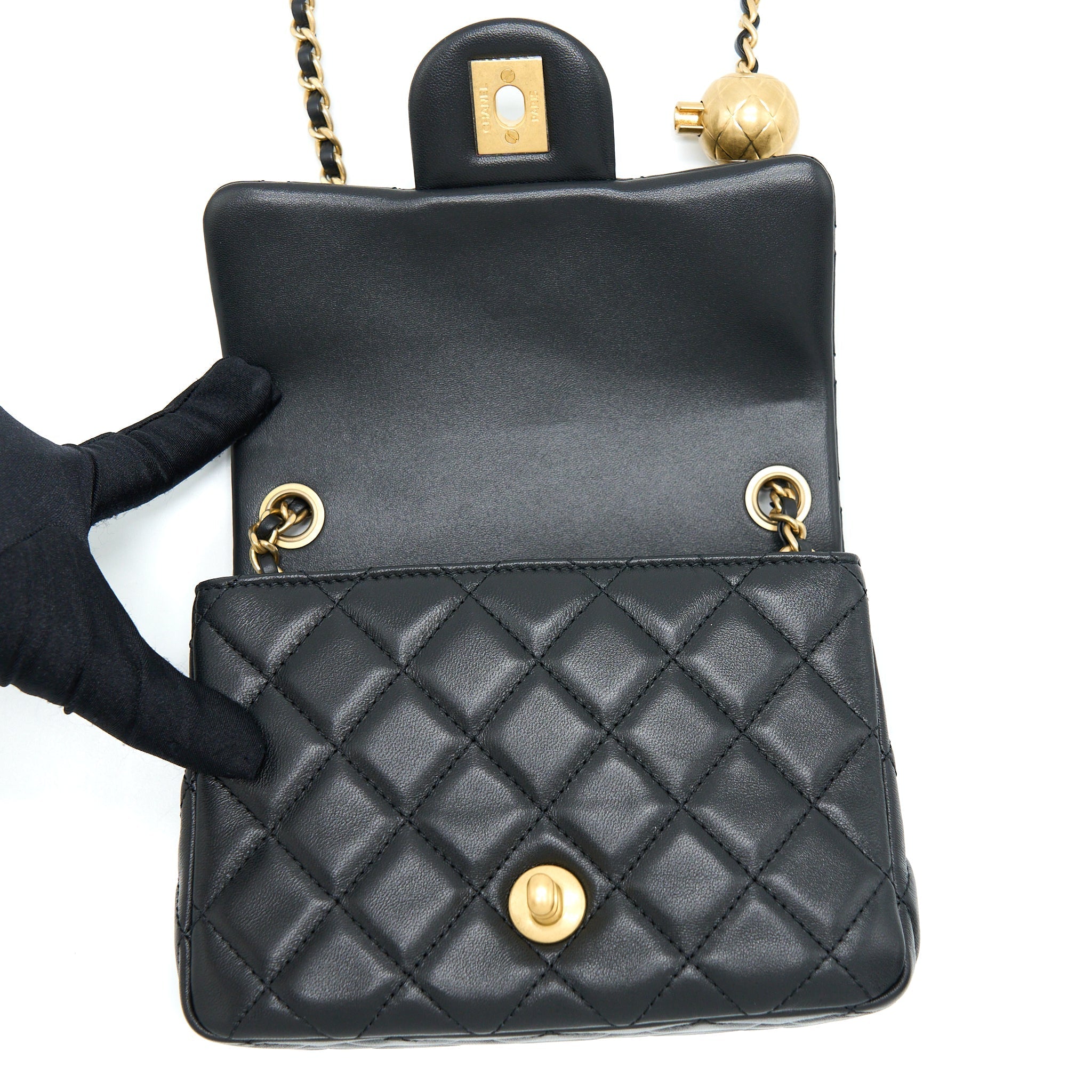 Chanel Pearl Crush Mini Square Flap Bag Lambskin Black  (Microchip)