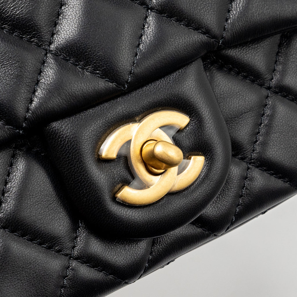 Chanel pearl crush mini square flap bag lambskin black  (microchip)