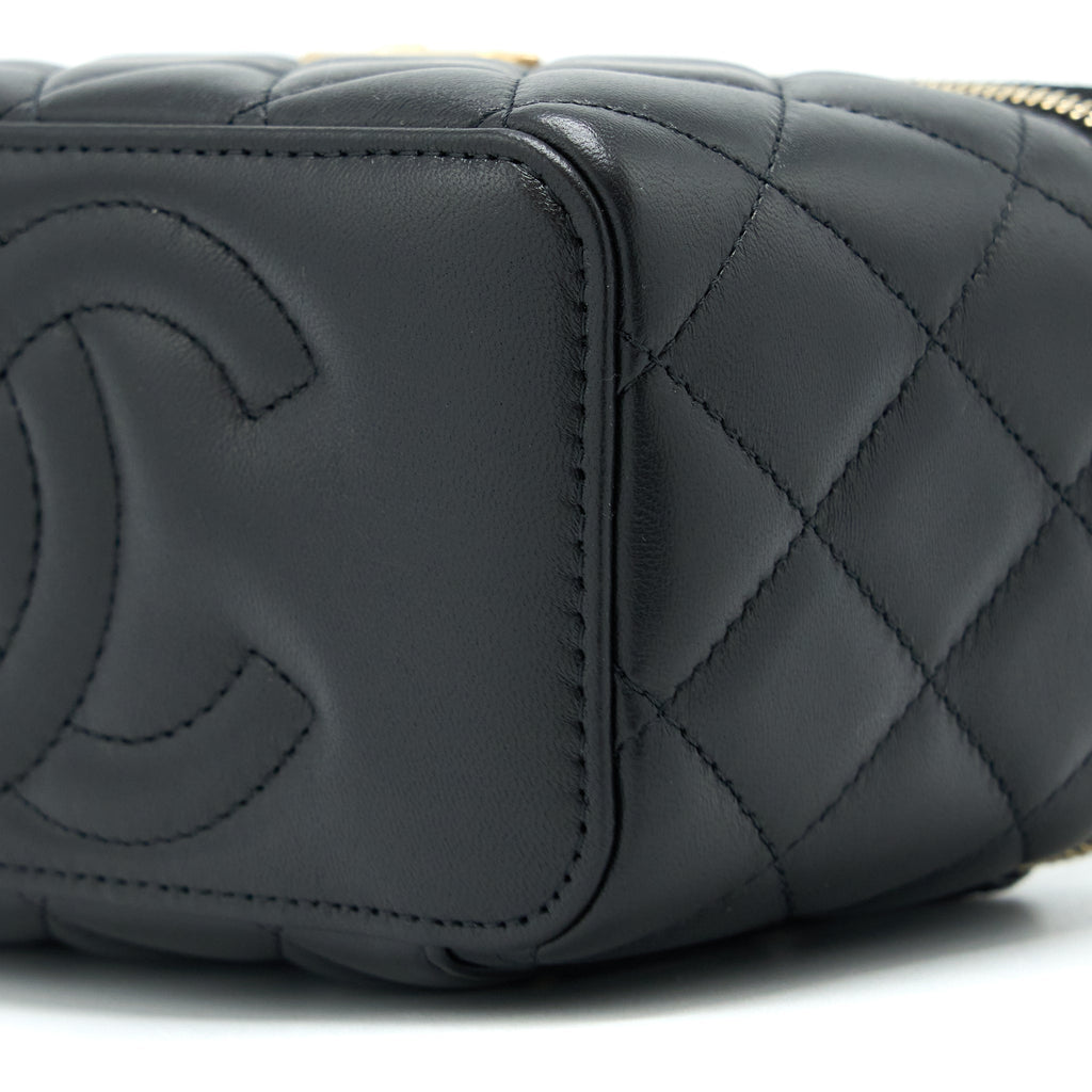 Chanel 22k Leather Chain Top Handle Long Vanity Case Lambskin Black Brushed