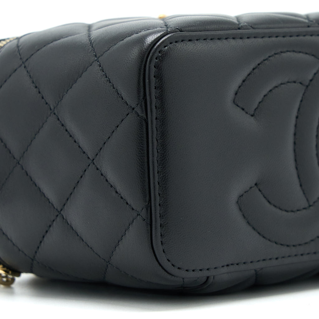 Chanel 22k Leather Chain Top Handle Long Vanity Case Lambskin Black Brushed