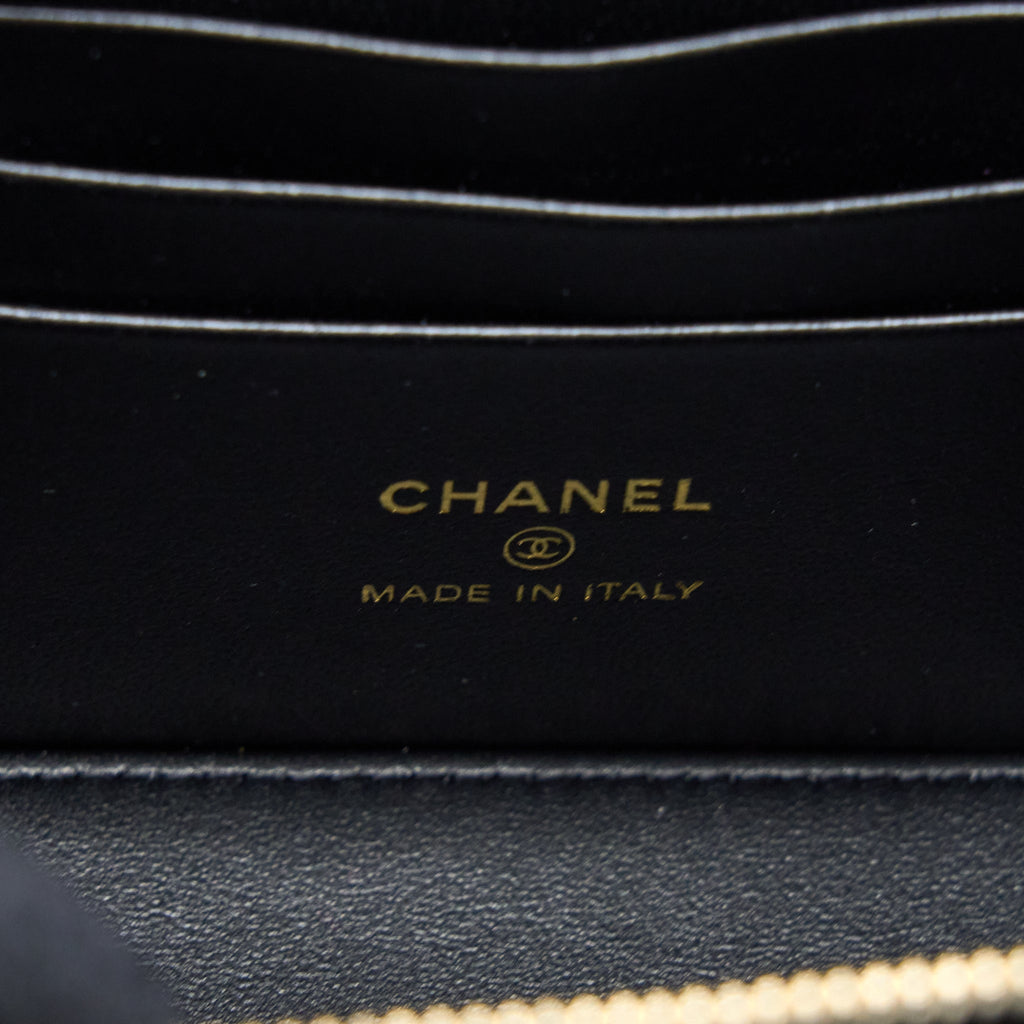 Chanel 22k Leather Chain Top Handle Long Vanity Case Lambskin Black Brushed