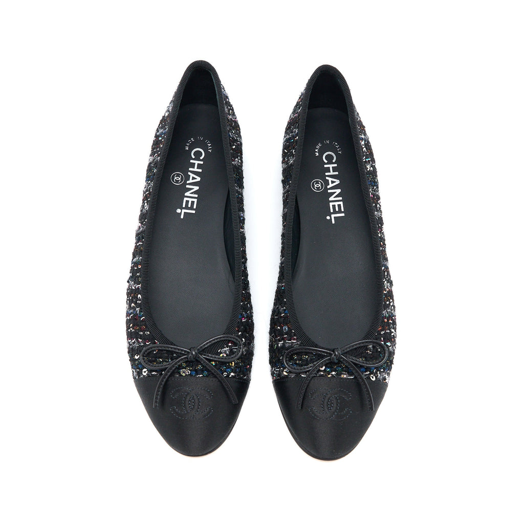 Chanel Size 39 Ballerina Flat Shoes Tweed/Satin Black/Multicolour