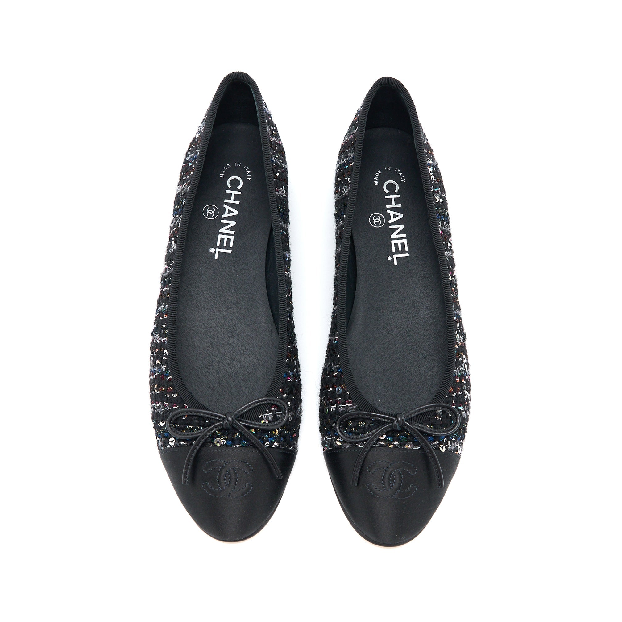 Chanel Size 39 Ballerina Flat Shoes Tweed/Satin Black/Multicolour