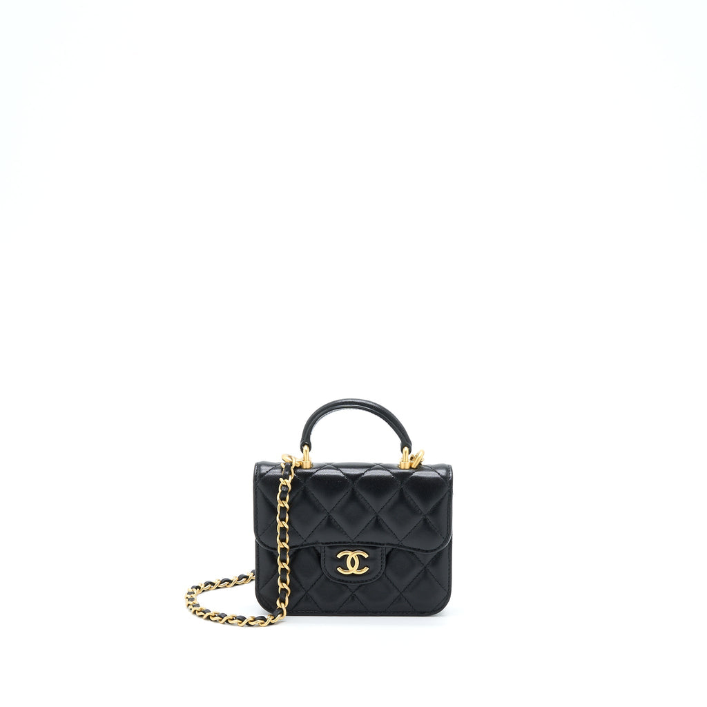 Chanel Top Handle Mini Flap Card Holder Lambskin Black