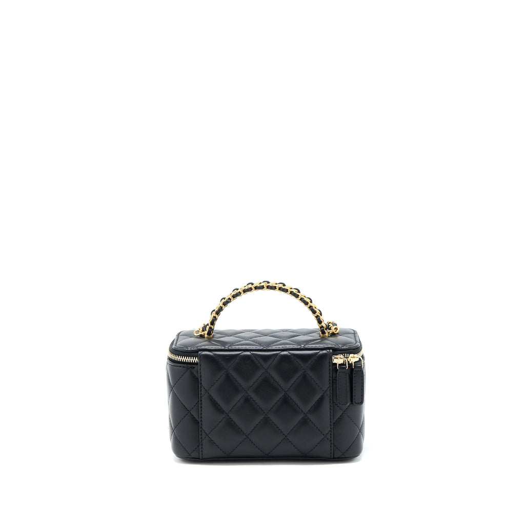 Chanel 22k Leather Chain Top Handle Long Vanity Case Lambskin Black Brushed