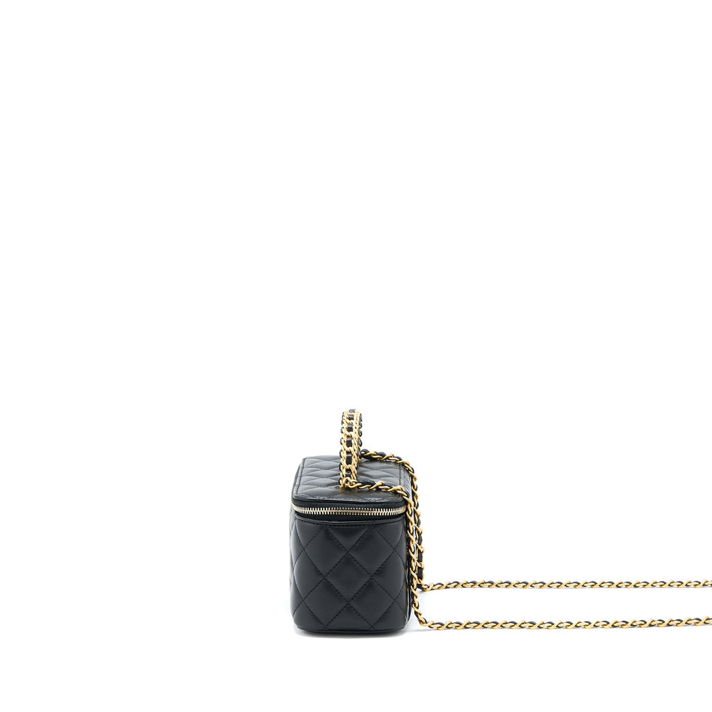 Chanel 22k Leather Chain Top Handle Long Vanity Case Lambskin Black Brushed
