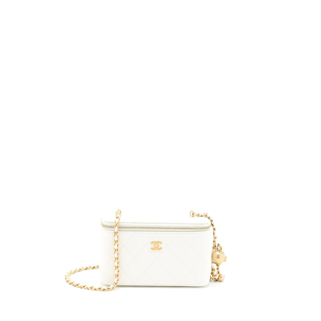 Chanel Pearl Crush Long Vanity Case Lambskin White Brushed