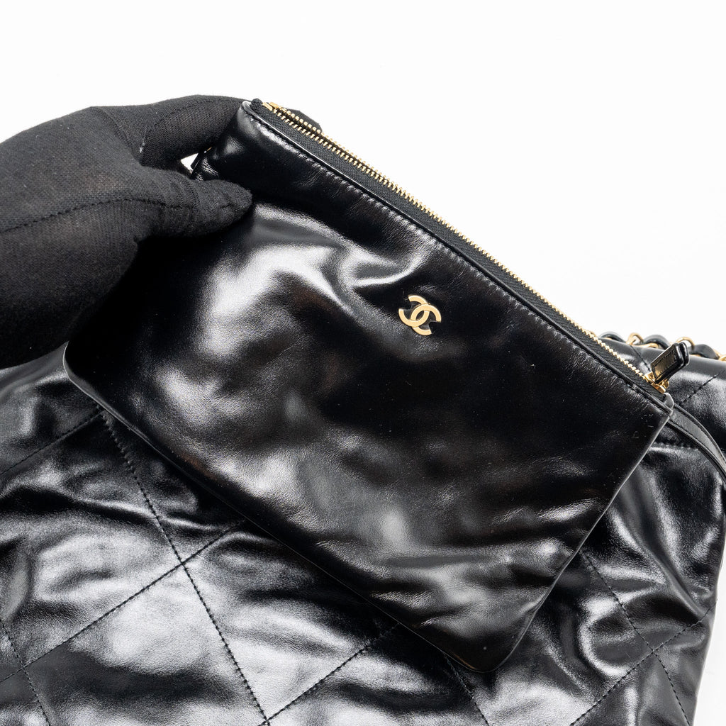 Chanel Small 22 Bag Gold Letter Shiny Calfskin Black  (Microchip)
