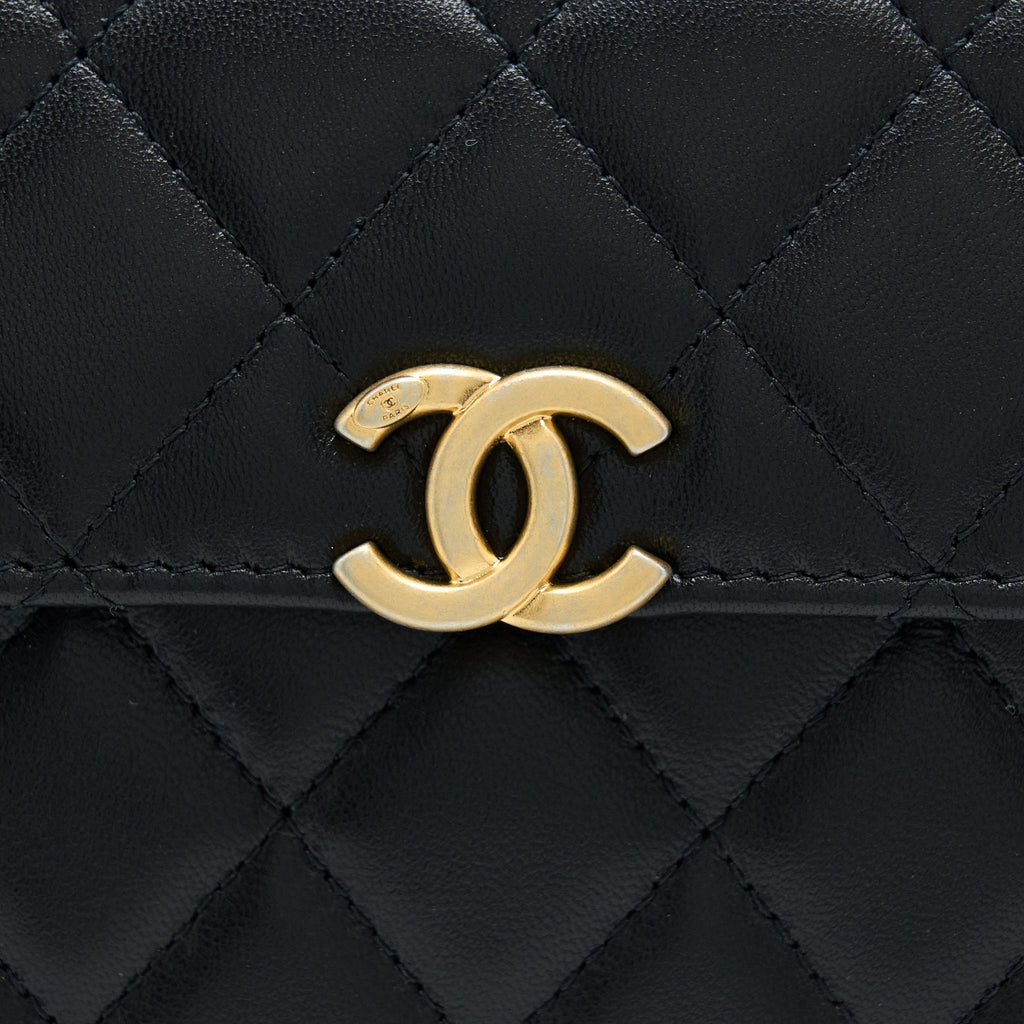 Chanel 22B Flap Bag With Enamel/CC Logo Top Handle Lambskin Black Brushed