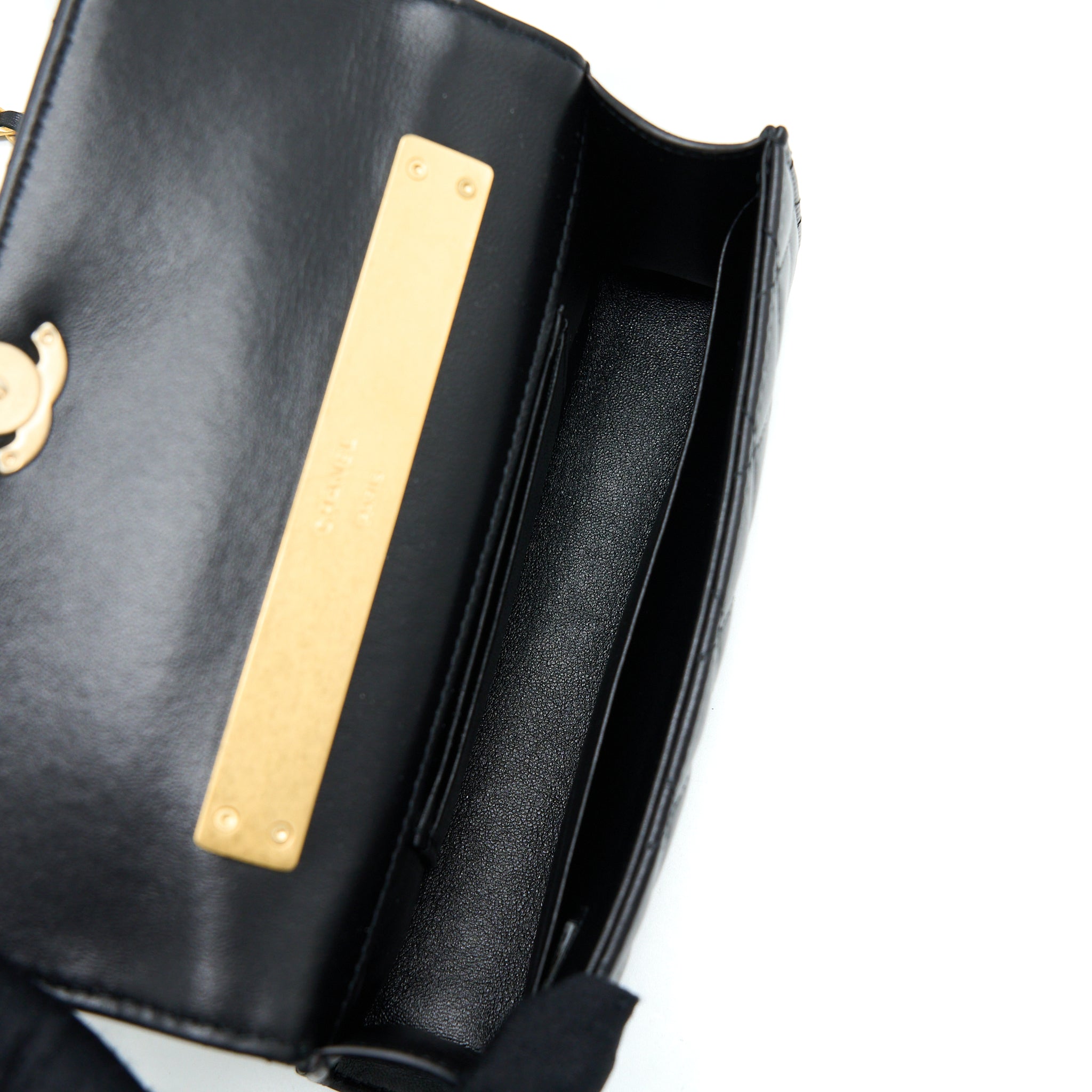 Chanel 22B Flap Bag With Enamel/CC Logo Top Handle Lambskin Black Brushed