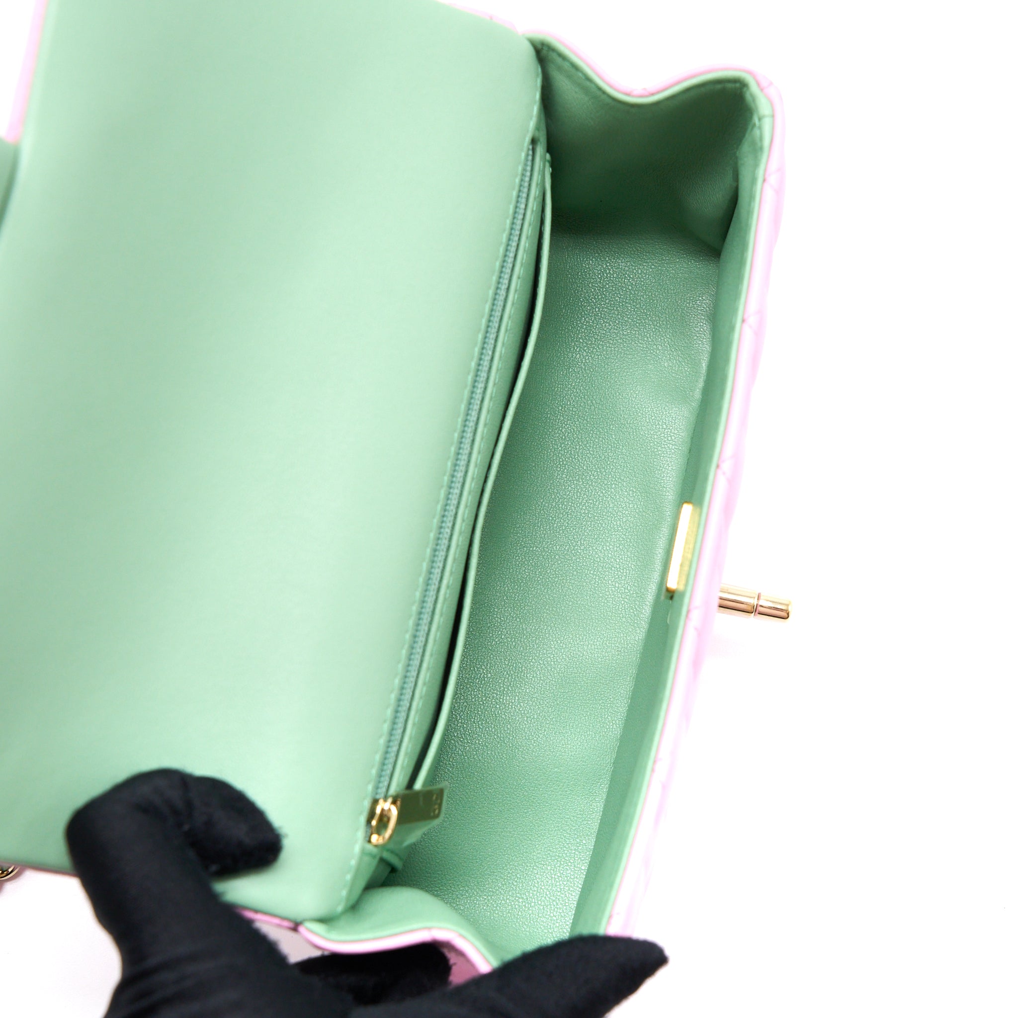 Chanel Top Handle Mini Rectangular Lambskin Pink/Light Green L (Microchip)