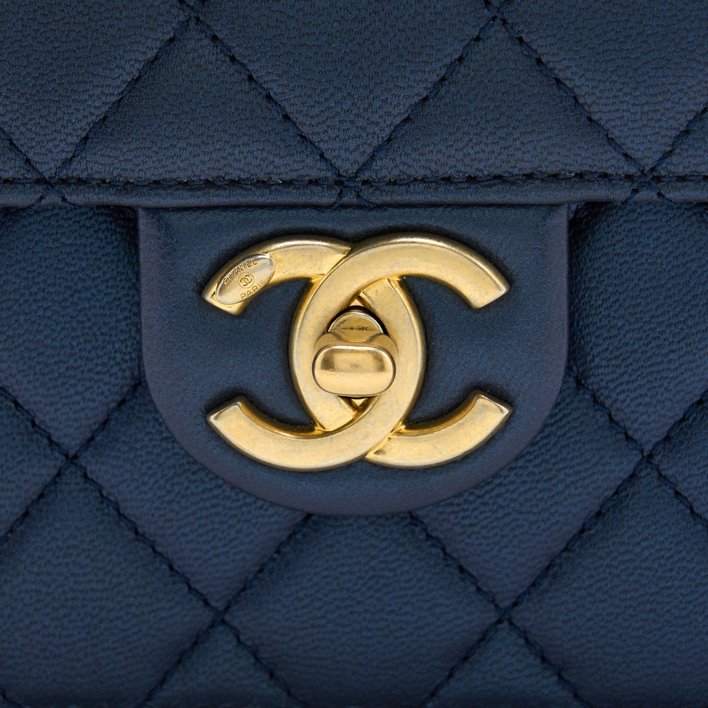 Chanel Vertical Pearl Flap Bag Lambskin Dark Blue
