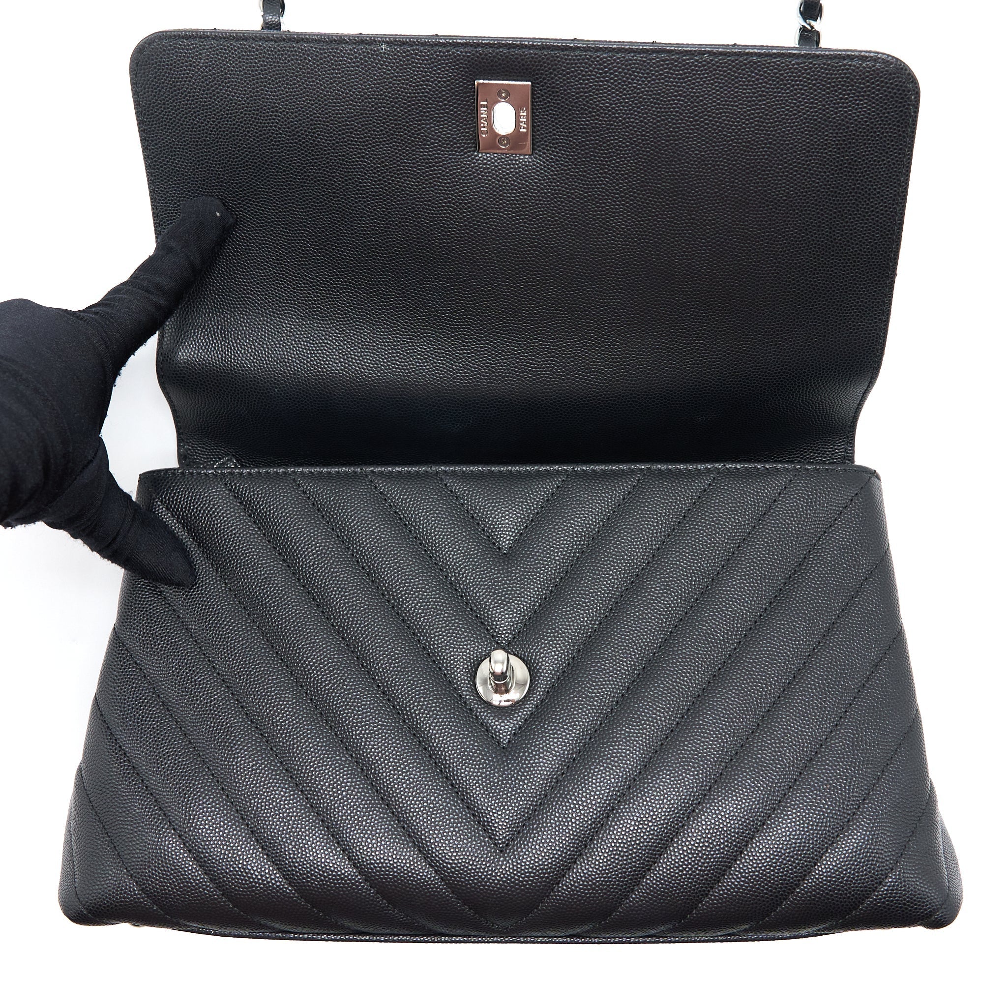 Chanel Medium Coco Handle Chevron Caviar Black