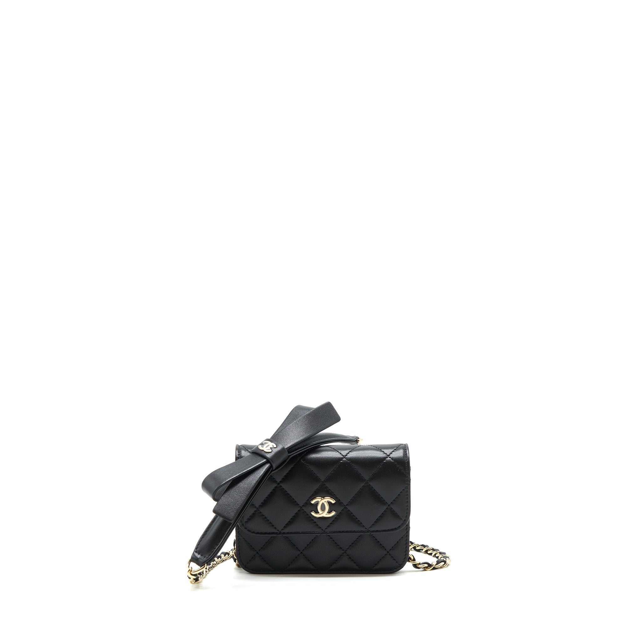 Chanel Mini flap card holder Ribbon Chain Lambskin Black L