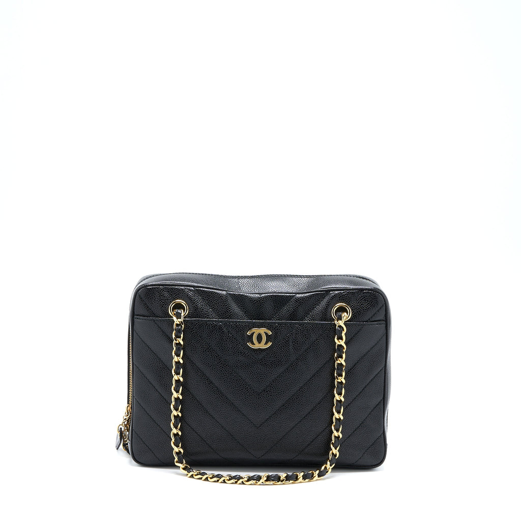 Chanel Vintage Camera Chevron Tote Bag Caviar Black