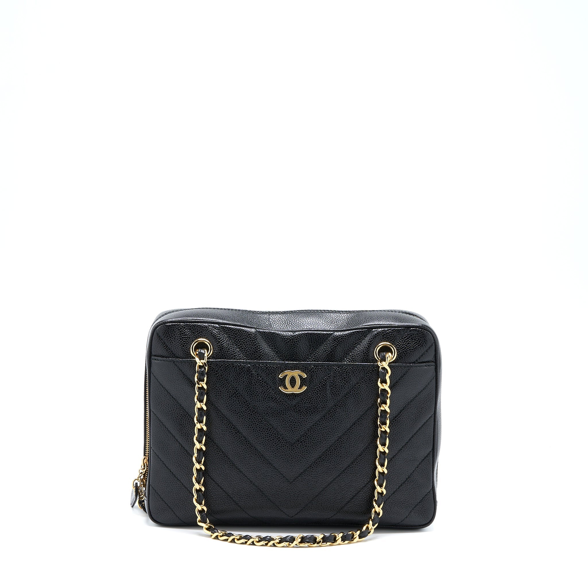 Chanel Vintage Camera Chevron Tote Bag Caviar Black