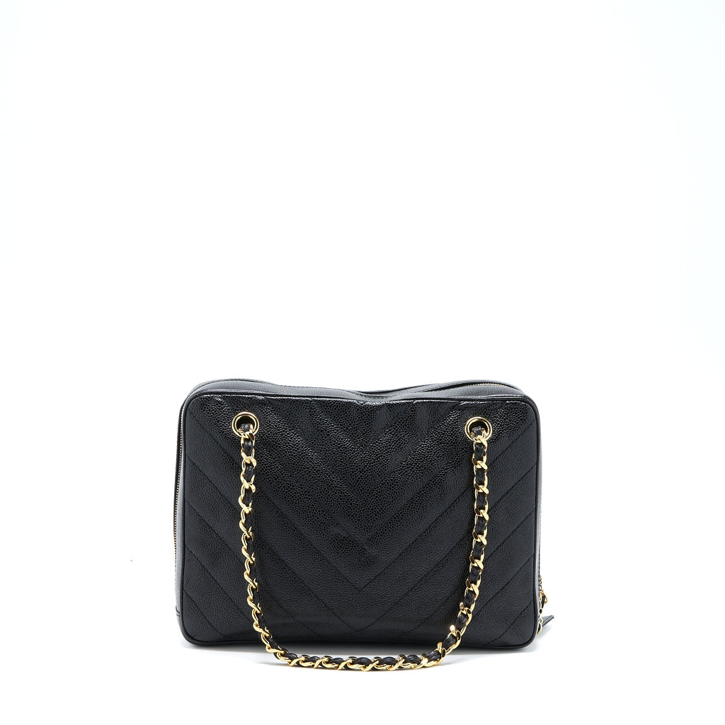 Chanel Vintage Camera Chevron Tote Bag Caviar Black