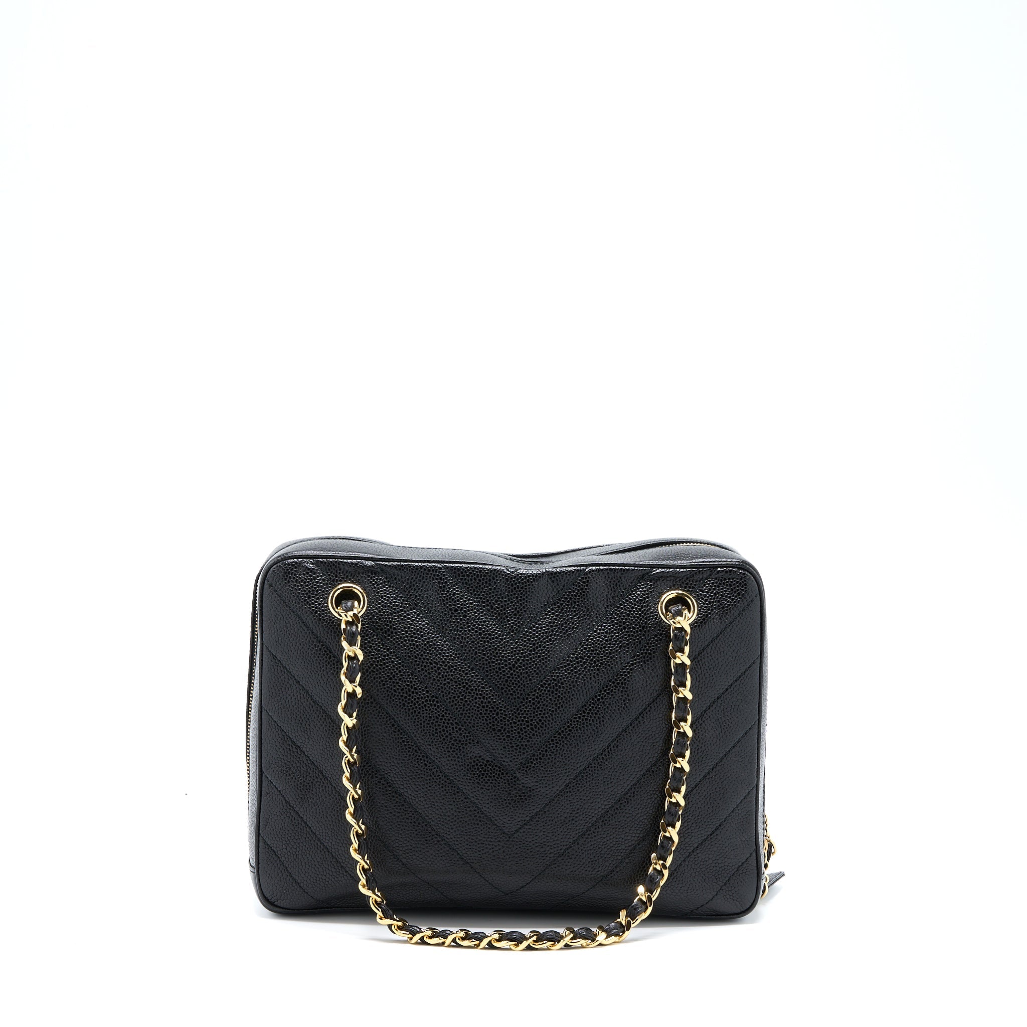 Chanel Vintage Camera Chevron Tote Bag Caviar Black