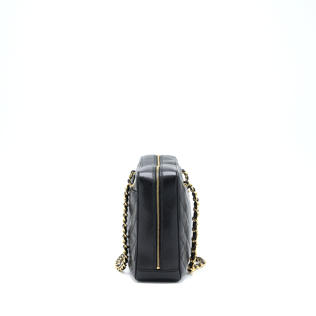 Chanel Vintage Camera Chevron Tote Bag Caviar Black